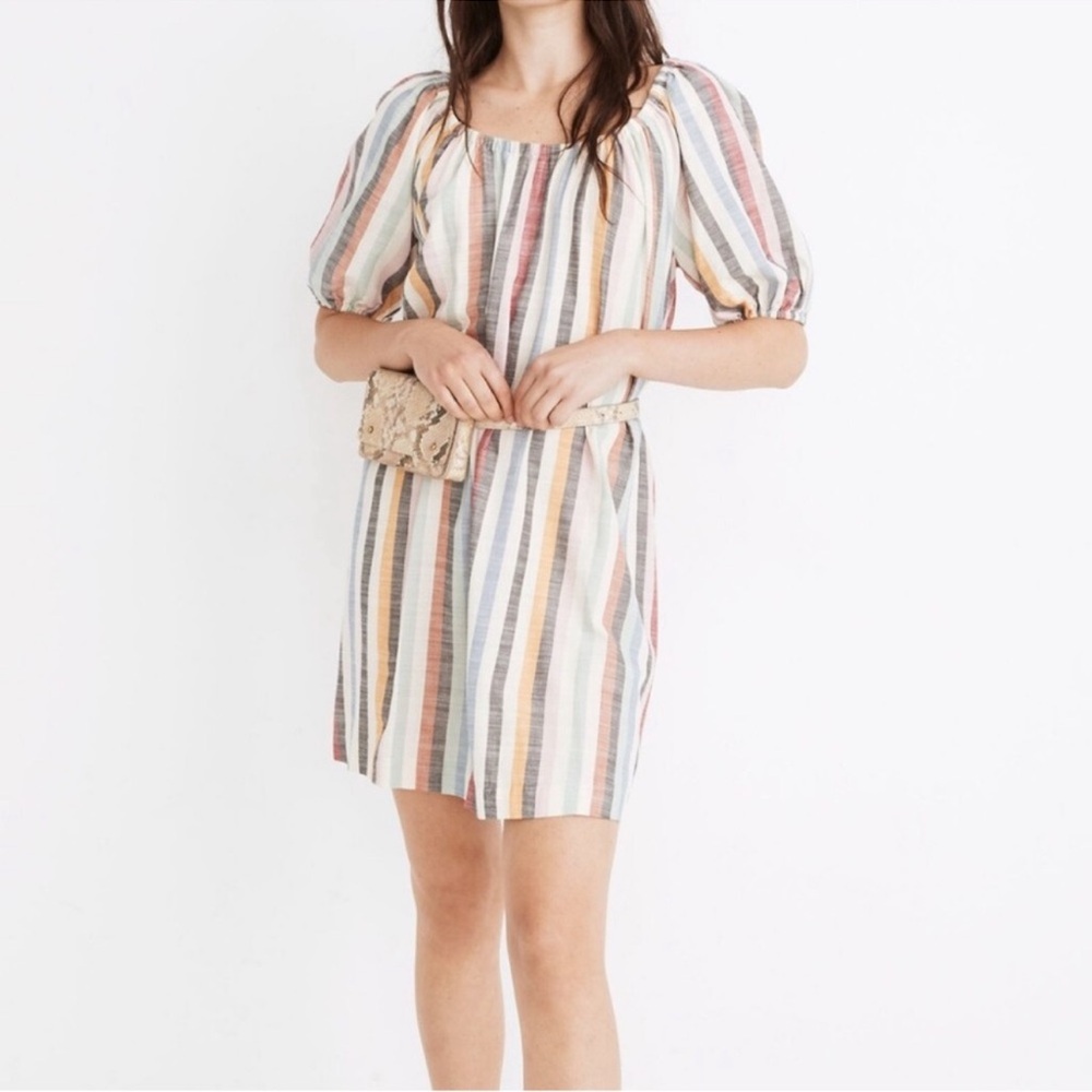 Madewell Women’s Puff-Sleeve Trapeze Mini Dress in Rainbow Stripe Size Small